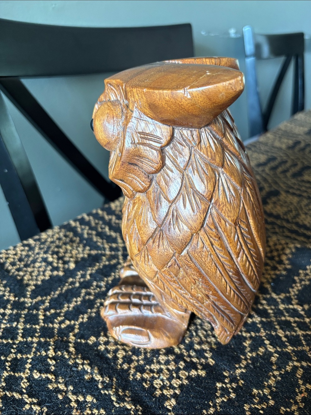 Hand-Carved Solid Wood Owl Sculpture - Picture 4 of 5